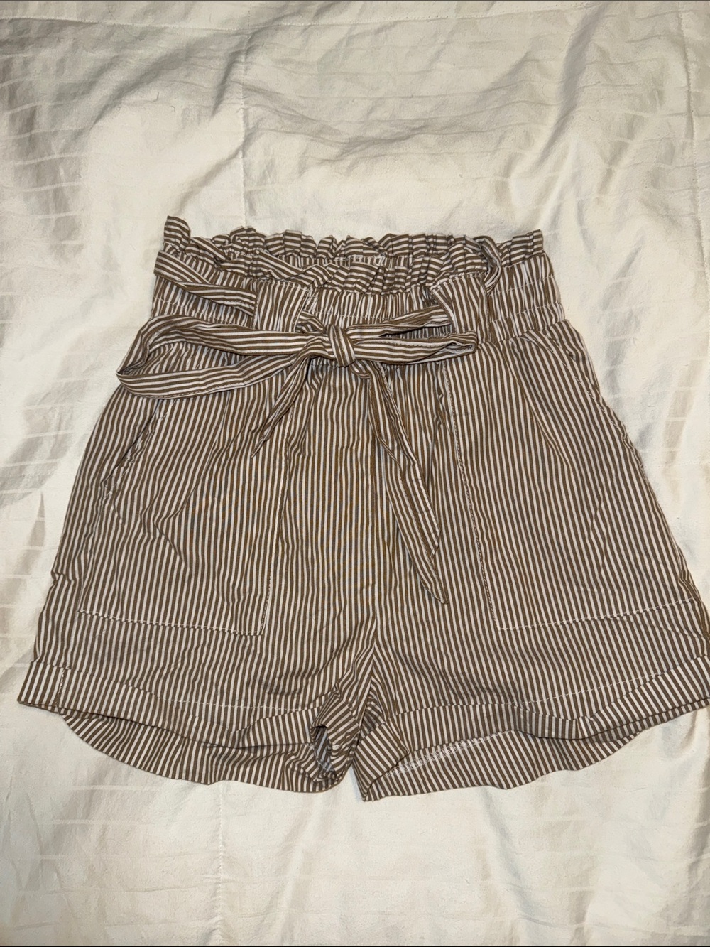 Only Brown and White Striped Paperbag Waist Shorts with Pockets